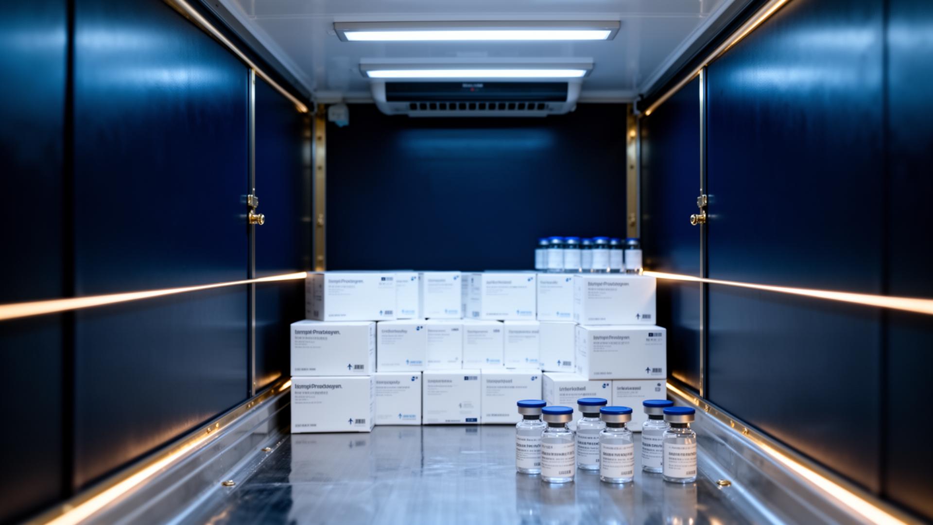 Interior de veículo refrigerado Aurevia com cargas farmacêuticas